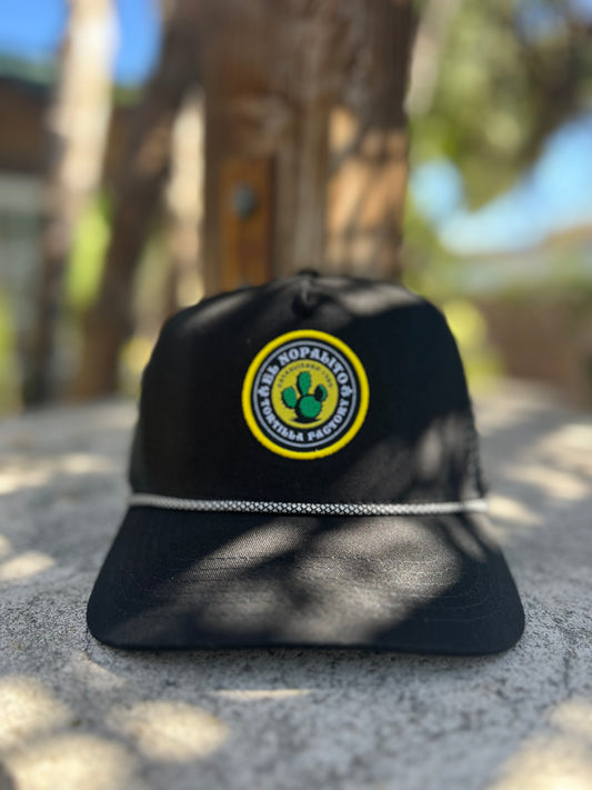 Adult SnapBack hat in black with patch & yellow stitch